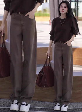 美式复古茶棕色牛仔裤女2025年秋冬季新款加绒加厚窄版直筒弯刀裤