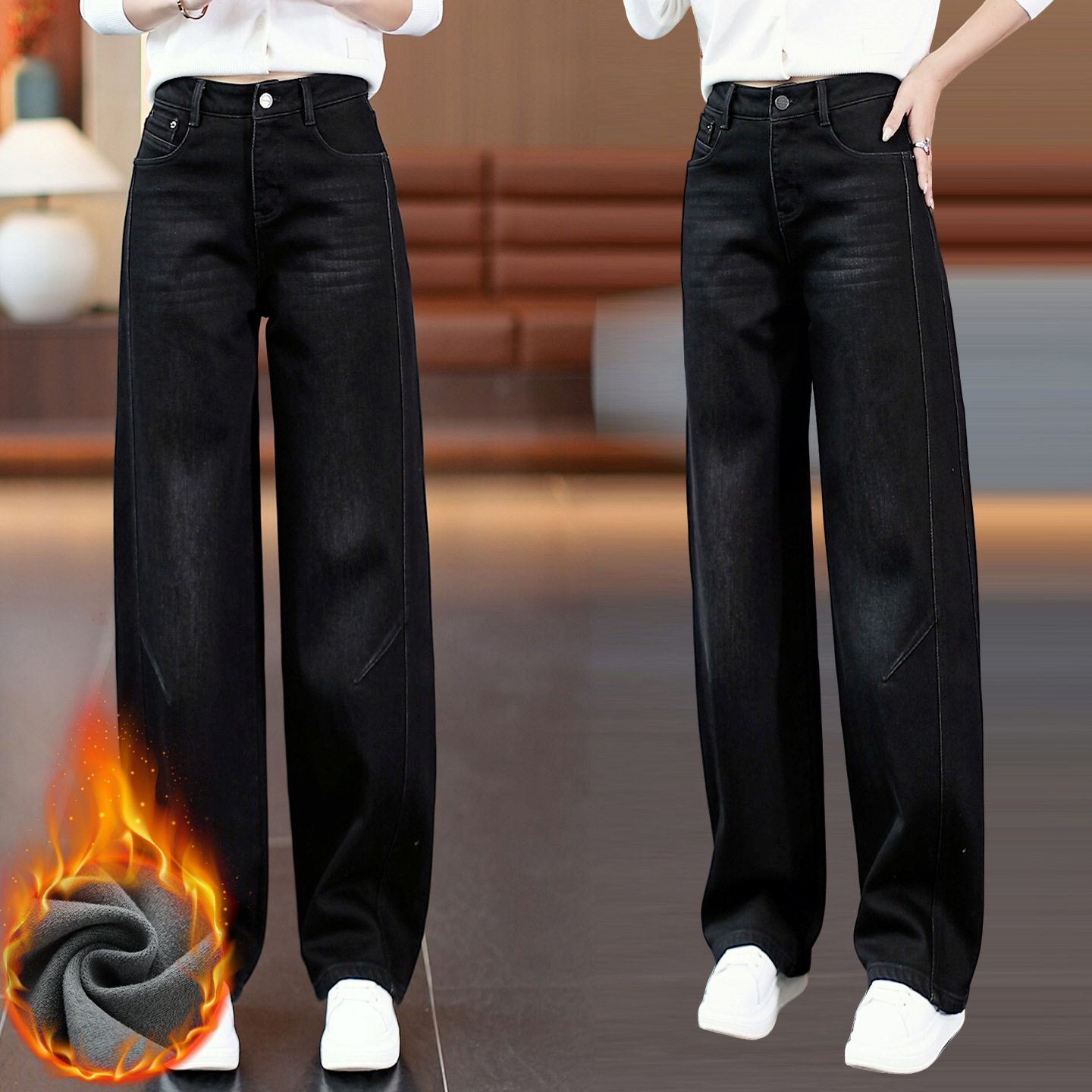 加绒加厚黑色直筒弯刀牛仔裤女2025年秋冬季新款爆款美式阔腿裤子