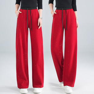 满天亮闪闪弯刀阔腿裤女2026春秋季新款红色裤子宽松直筒休闲卫裤