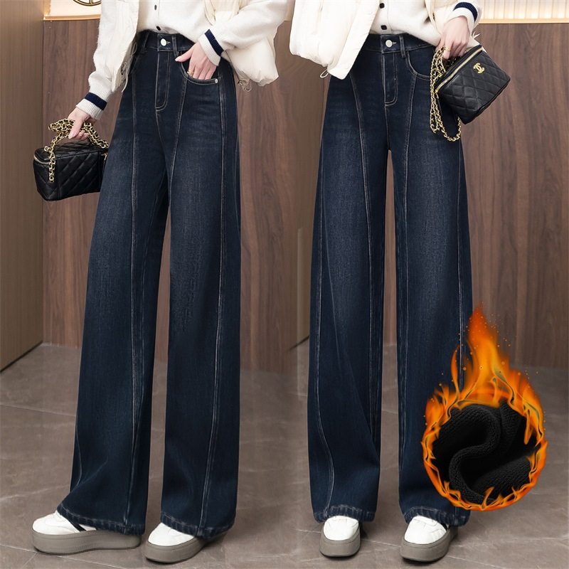 弯刀加绒牛仔裤女2025新款秋冬加厚高腰宽松加长高个子直筒阔腿裤
