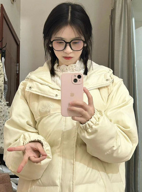 美式复古前后刺绣连帽杏色棉服女冬季新款ins加厚外套学生面包服