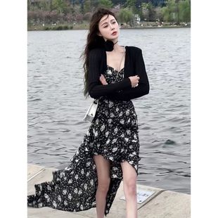 套装 不规则吊带连衣裙 开衫 夏季 2024新款 黑茶邂逅 不带脖花