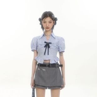 泡泡袖 衬衫 款 短袖 夏季 蝴蝶结上衣 女2024新款 百褶裙学院风套装