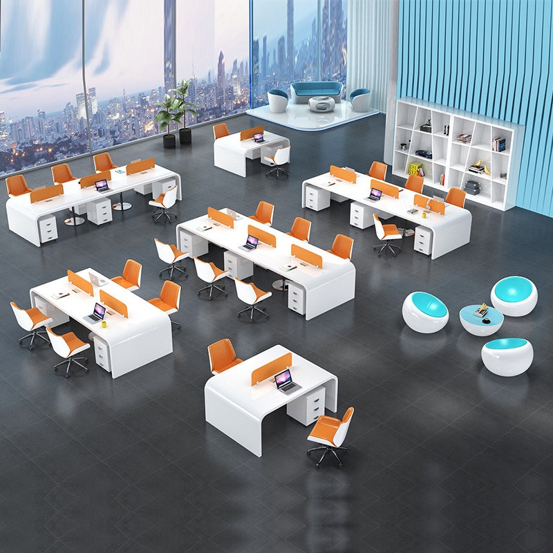 白色烤漆职员办公桌现代简约4人位屏风办工桌办公室家具6人位组合