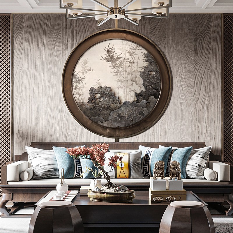 新中式入户玄关装饰画走廊过道圆形肌理太湖石抽象实物画入门挂画