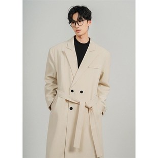 2025春装新款男生双排扣中长款风衣男垫肩西装外套过膝薄款大衣