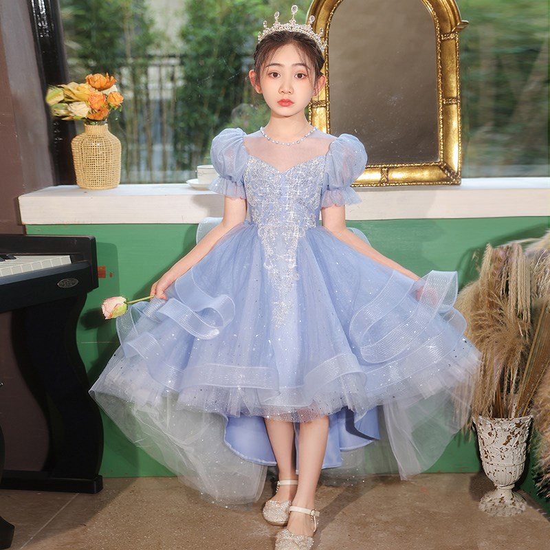 蓝色公主裙女童高端森系小女孩花童主持人儿童钢琴比赛礼服夏季女