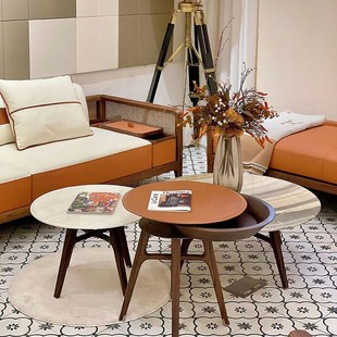 马鞍皮圆形小桌子实木旋转边几 创意胡桃木茶几客厅2024新款