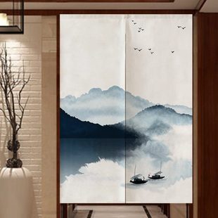 饰山水中式 中国风门帘家用隔断帘卧室遮挡免打孔布艺客厅装 半帘