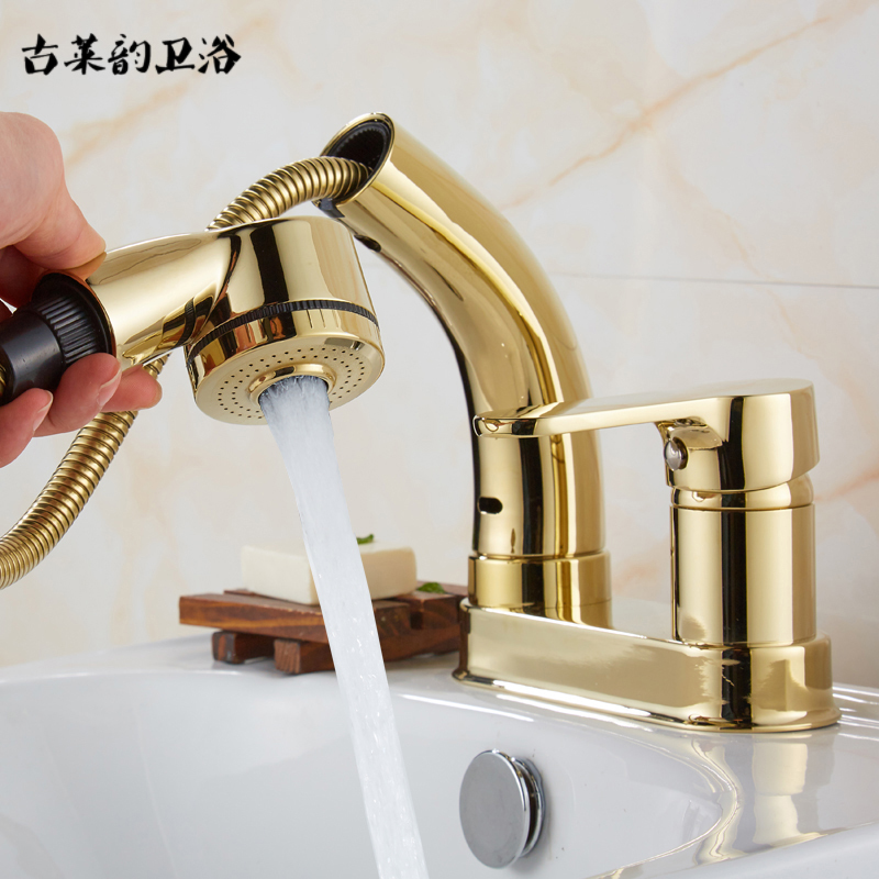 金色双孔抽拉式面盆冷热水龙头三孔台盆洗手盆升降伸缩花洒洗头