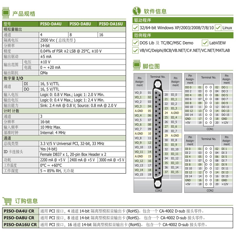 ICPDAS泓格PISO-DA16U 4U 8U采集板卡2/4/8路隔离模拟量输出DIO卡