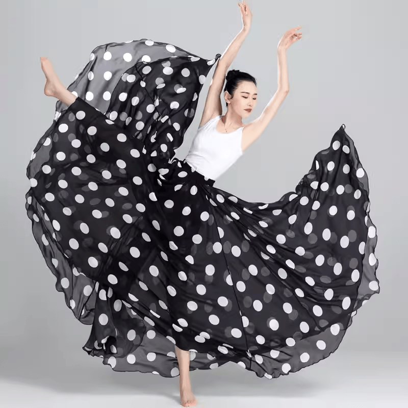 720度雪纺长裙半身裙超大裙摆沙滩裙女波点新疆舞蹈广场舞跳舞裙