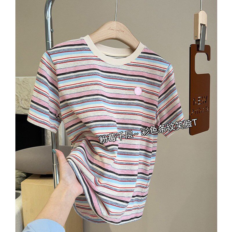 粉莓千层短袖T恤色纺彩色条纹笑脸圆领宽松百搭显瘦打底衫女春夏