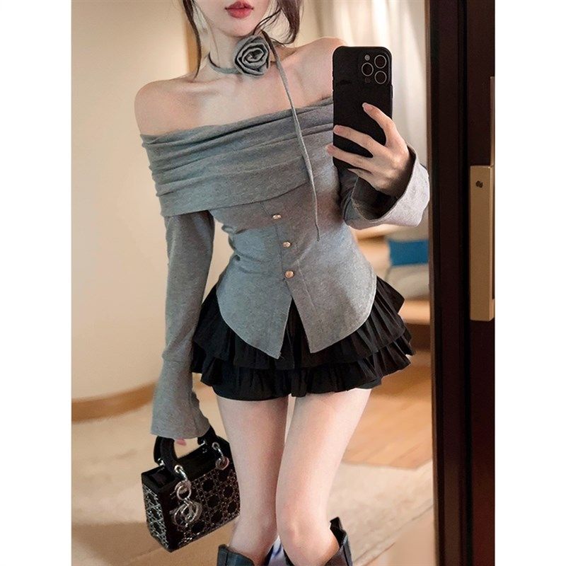 喇叭袖一字肩显瘦长袖上衣套装春夏蓬蓬半身短裙裤甜辣风两件套女,女装/女士精品,时尚套装,淘宝优惠券,粉丝福利购,淘宝优惠卷