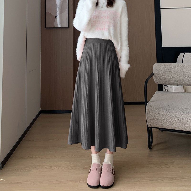 冬季半身裙女2024新款小个子高腰a字加厚毛线裙中长款针织百褶裙,女装/女士精品,半身裙,淘宝优惠券,粉丝福利购,淘宝优惠卷