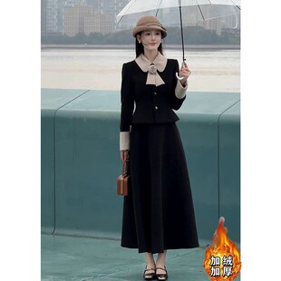 大码女装气质蝴蝶结显瘦上衣法式千金风复古保暖收腰半身裙两件套