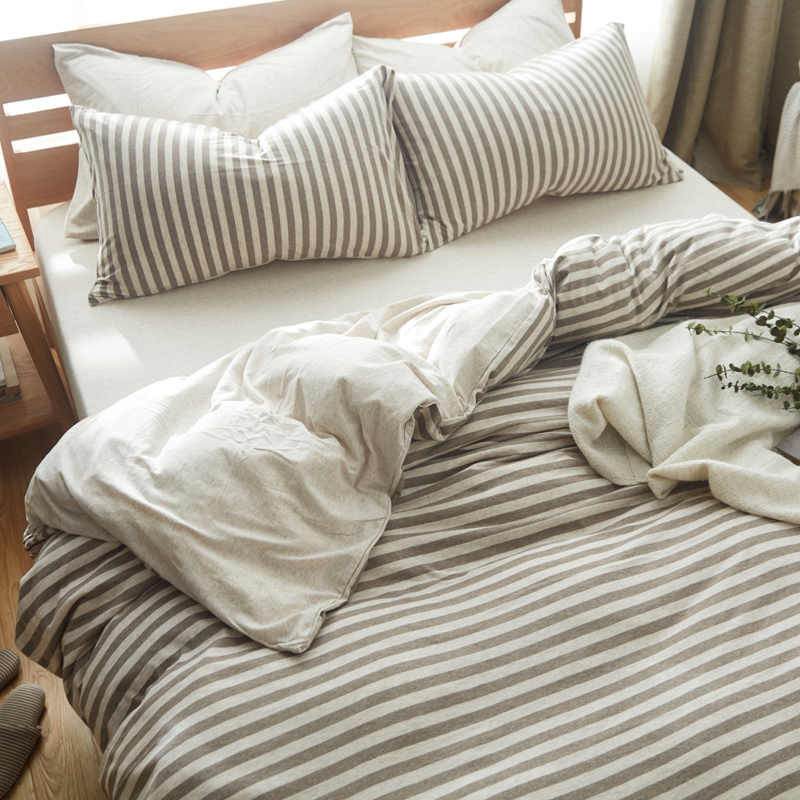 裸睡天竺棉四件套全棉针织棉条纹被套简约纯棉床单床笠款床上用品