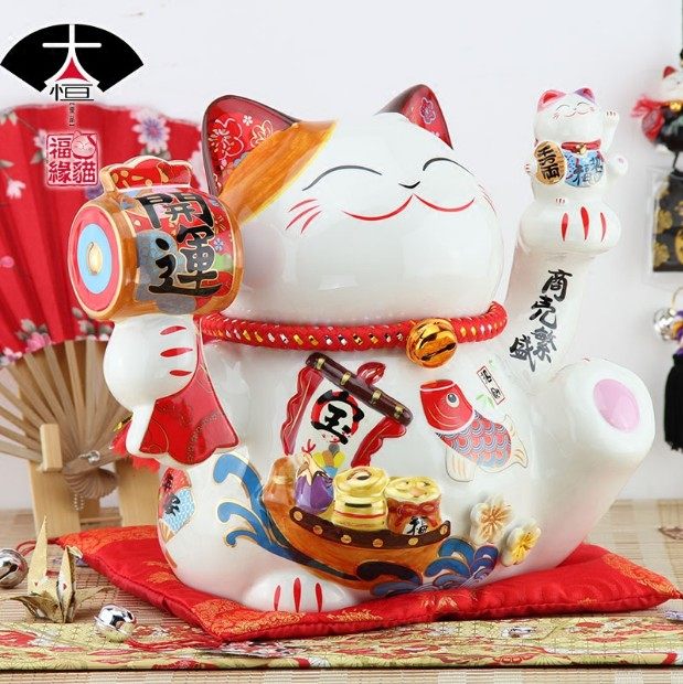 福缘猫开业礼物大号10寸招财猫黑白储蓄罐陶瓷摆件创意家居装饰品