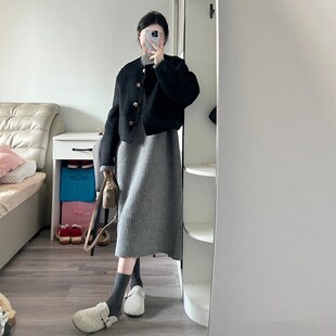 高级感黑色毛呢外套女冬季新款简约小个子百搭宽松短款呢子大衣