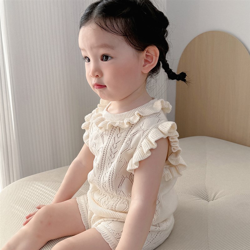 女童夏装2024新款洋气时髦套装森系女宝薄款镂空针织上衣+花苞裤