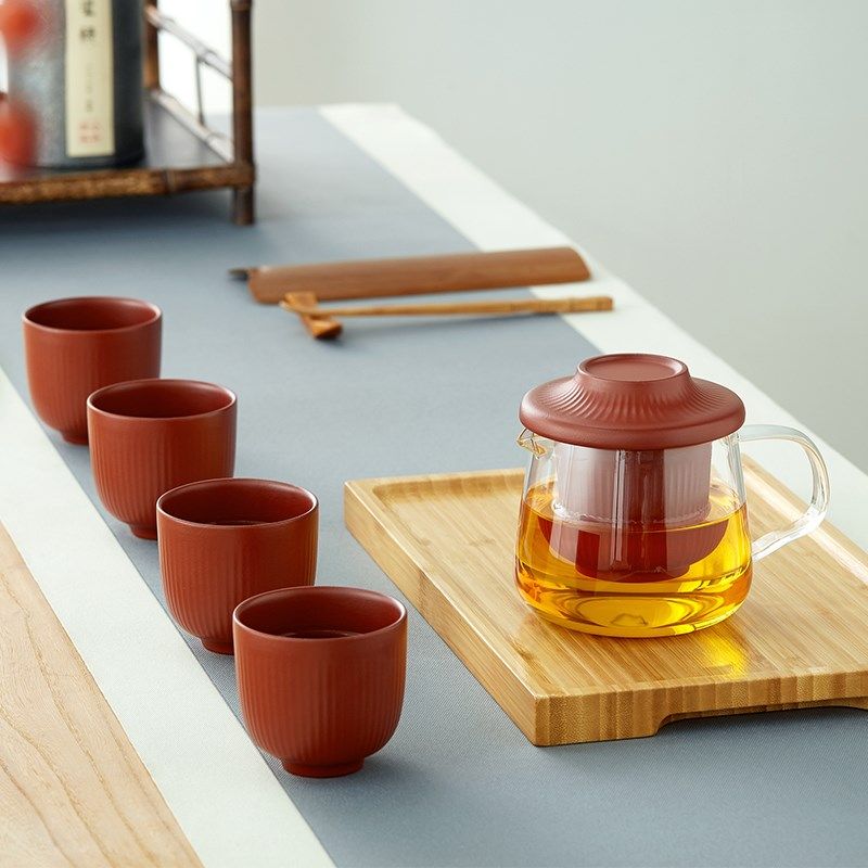 紫砂功夫茶具套装玻璃公道杯品杯茶壶礼盒一壶四杯带茶盘家用