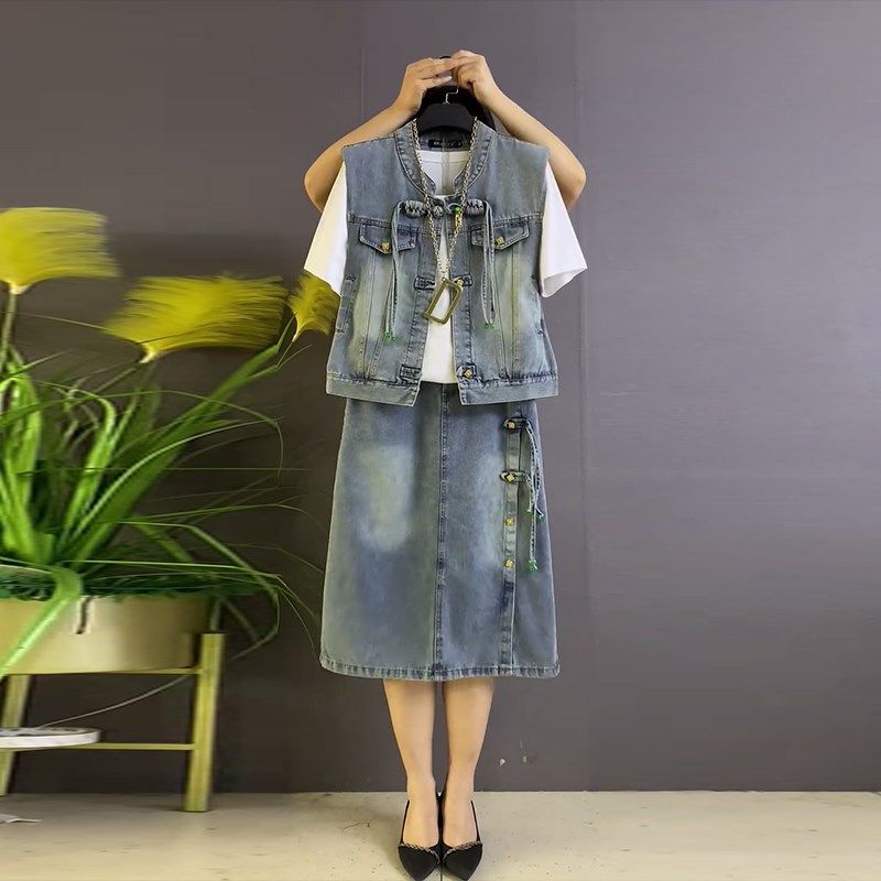 大码女装流苏盘扣马甲圆领短袖T恤衫牛仔半身裙胖MM夏季款三件套,女装/女士精品,大码套装,淘宝优惠券,粉丝福利购,淘宝优惠卷