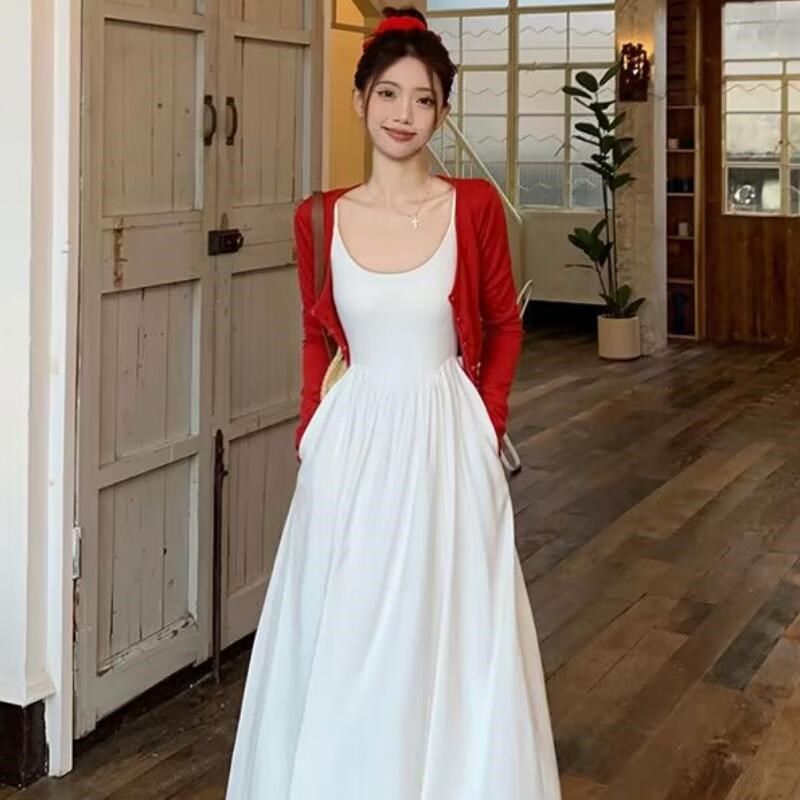 气质套装女薄款度假风防晒长袖开衫外套夏季白色吊带连衣裙两件套