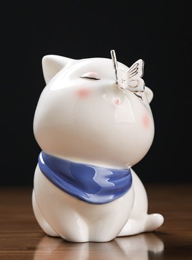 陶瓷可爱小猫咪摆件 创意书桌办公室工位解压桌面动物轻奢装饰品