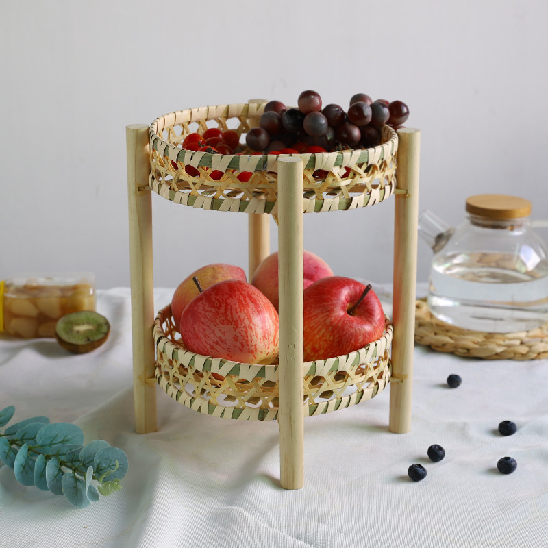 手工竹编收纳筐双层水果盘竹编制品簸箕家用客厅点心筐竹篮展示架