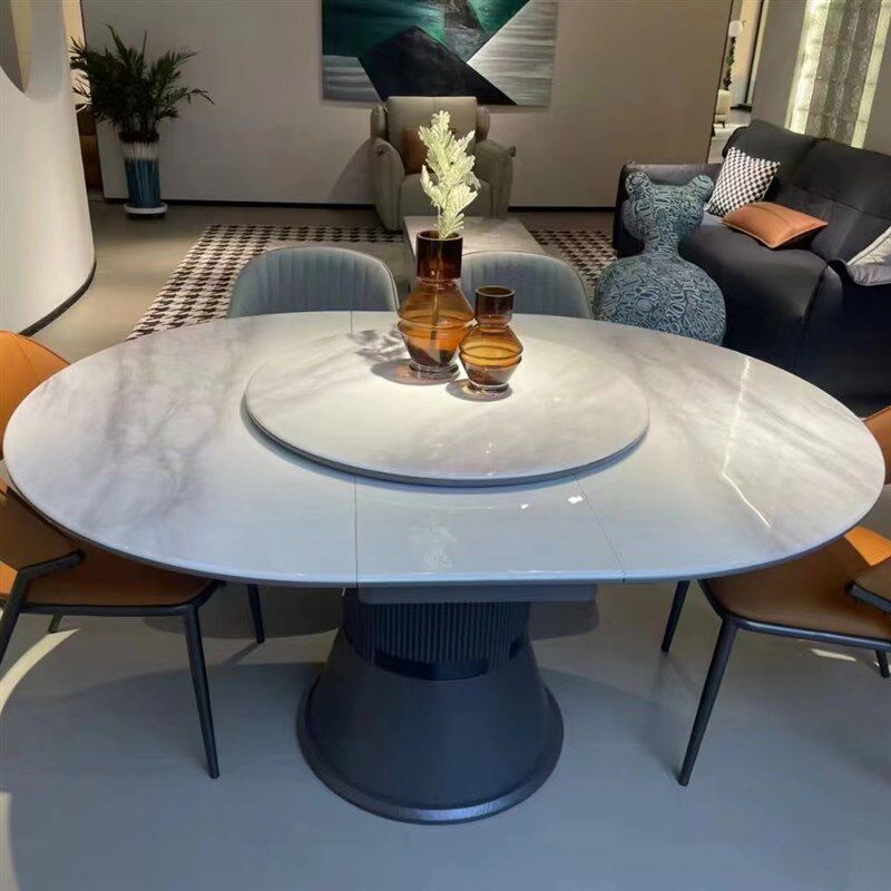 CZ016功能1.2米圆桌微晶石伸缩圆形椭圆拉伸餐桌家用饭桌转盘组合