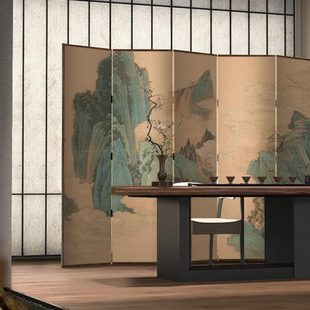 美学新中式 宋式 屏风隔断客餐厅卧室玄关茶室背景桃源仙境实木折屏