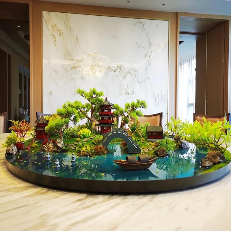 酒店大圆桌中间装饰摆件餐桌景观桌花卉转盘桌核心微景观桌