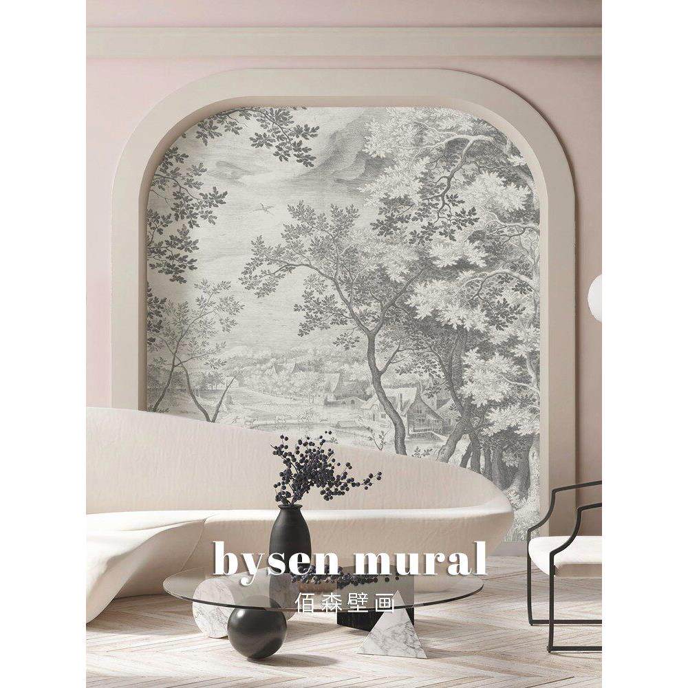 中古法式电视背景墙壁纸手绘黑白森林客厅卧室墙布复古南洋墙纸
