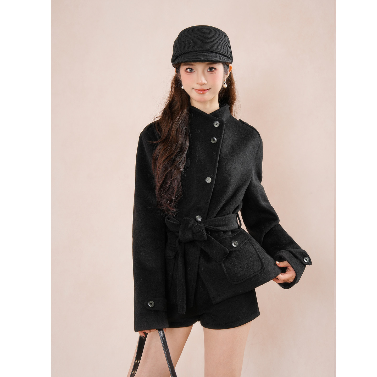 黑色小个子毛呢大衣女款2