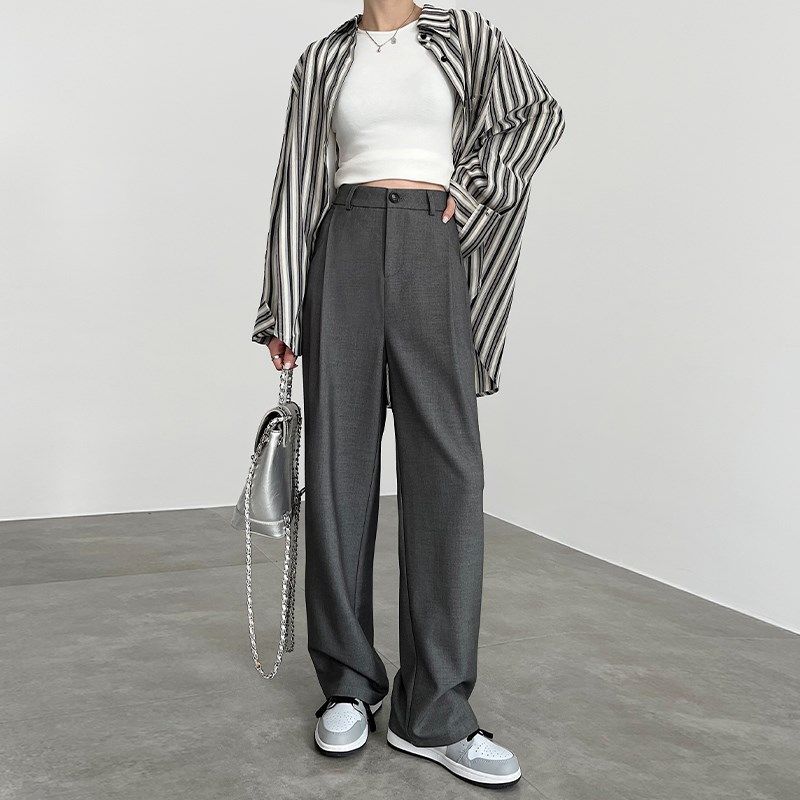 羊毛灰色裤子女秋冬2024新款高腰窄版休闲高端毛呢直筒西装阔腿裤