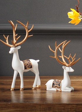 新中式客厅玄关干花装饰餐桌子创意茶几上禅意复古花瓶花器鹿摆件