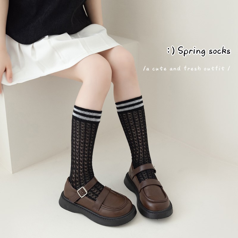 儿童中筒袜夏季薄款白色纯棉学院小腿条纹袜子外穿洋气女童长筒袜