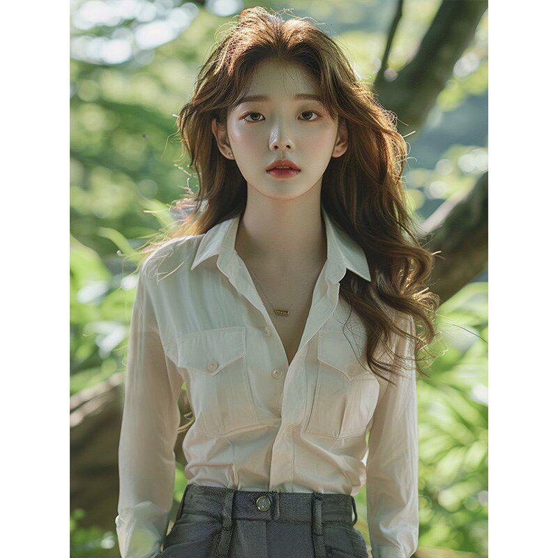 杏色长袖衬衫女春秋2024新款轻奢高级感衬衣修身法式polo领上衣