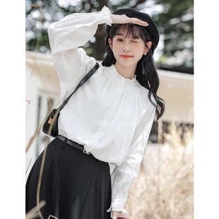 法式内搭木耳领白色长袖衬衫女装秋季2024新款小个子立领衬衣上衣