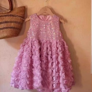 女童轻奢立体玫瑰花连衣裙甜美背心蓬蓬公主裙周岁礼服裙女宝花童