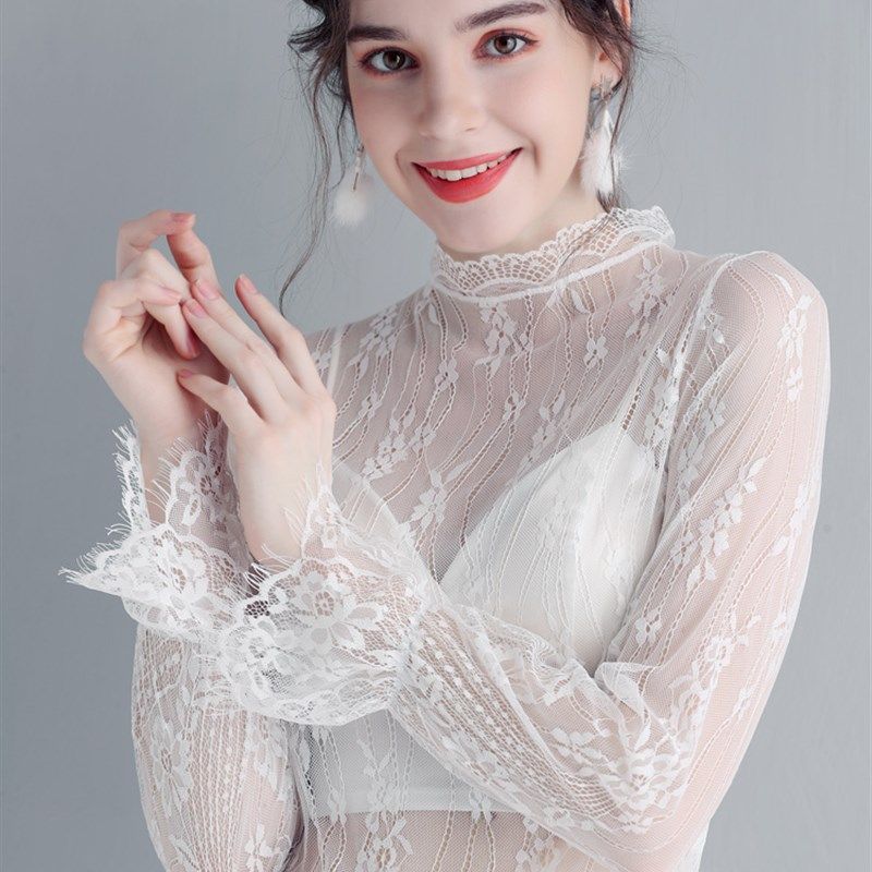 半高领睫毛白色蕾丝打底衫女长袖薄款内搭镂空喇叭袖大码网纱上衣,女装/女士精品,蕾丝衫/雪纺衫,淘宝优惠券,粉丝福利购,淘宝优惠卷