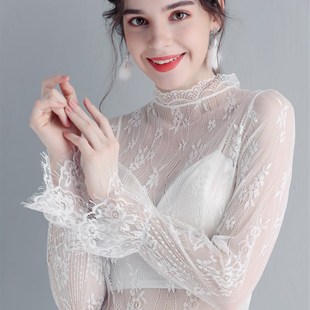 半高领睫毛白色蕾丝打底衫女长袖薄款内搭镂空喇叭袖大码网纱上衣