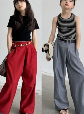 豆丁奇遇儿童春夏不对称腰头灰色西装裤烟管裤红色中大童亲子长裤