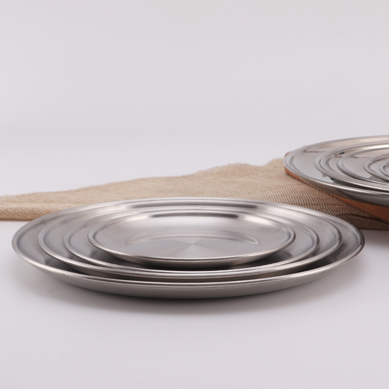 韩式不锈钢盘子单层拉丝加厚圆盘烤肉盘骨头碟菜碟平盘浅盘子烤盘