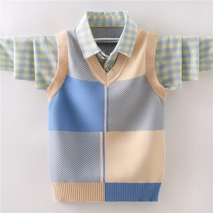 男童衬衫针织马甲两件套纯棉中大童毛衣针织衫秋冬款加绒儿童洋气