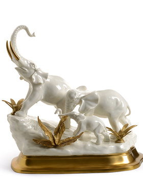 美式欧式办公室桌面陶瓷配铜摆件玄关壁炉大象母子象奢华大气摆件