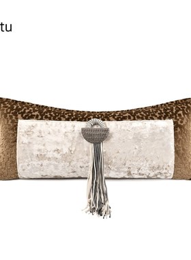 echo老钱风样板间抱枕咖色割绒拼接腰枕别墅沙发宋式美学长条靠枕