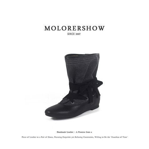 MOLORERSHOW【复古芭蕾】绑带堆堆短靴女皮布拼接内坡跟时装靴