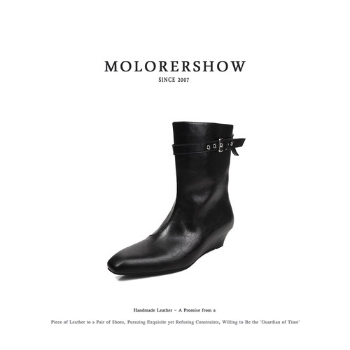 MOLORERSHOW【极简机车】街头感时尚短靴铆钉搭扣坡跟软皮时装靴