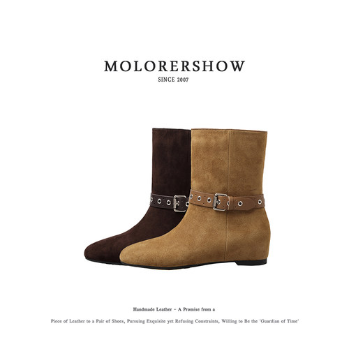 MOLORERSHOW【时髦皮带扣】冬圆头内增高显瘦百搭小众西部牛仔短